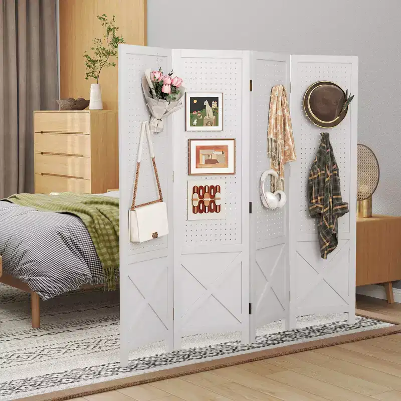Costway 4-Panel Pegboard Display Stand, 4.7 FT Folding Room Divider, Freestanding Screen White/Natural