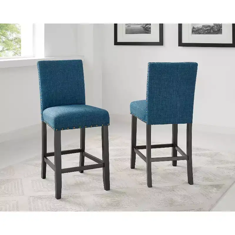 Roundhill Furniture Biony Espresso Wood Counter Height Dining Set with Blue Fabric Nailhead Stools
