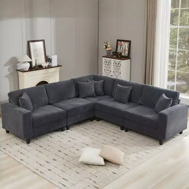 GDFStudio Fenlo 108.5 Modern 5-Seater Corduroy Upholstered Sectional Sofa with 5 Pillows and 6 Back Cushions