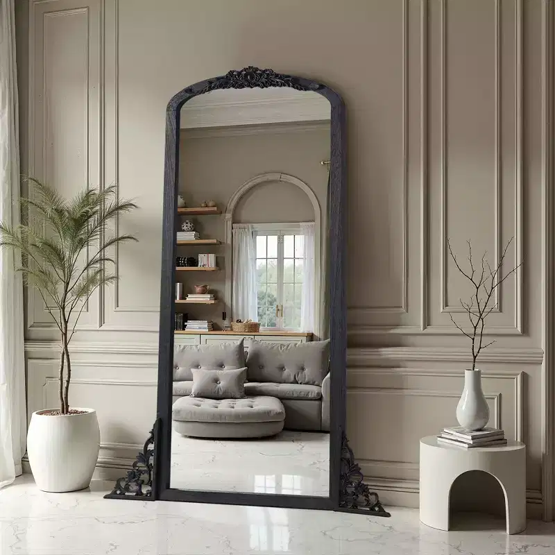 67x28 inch Solid Wood Carved Right Angle Micro Arch Black Full-length Mirror (without Bracket)
