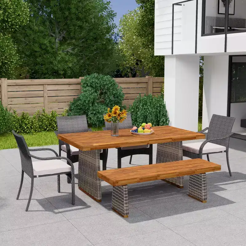 Brown Rustic Acacia & Rattan Outdoor Dining Set, Seats 6