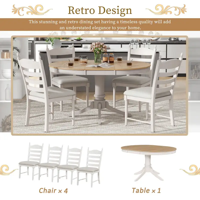 5-Piece Dining Table Set Round Extendable Dining Table and 4 Chairs