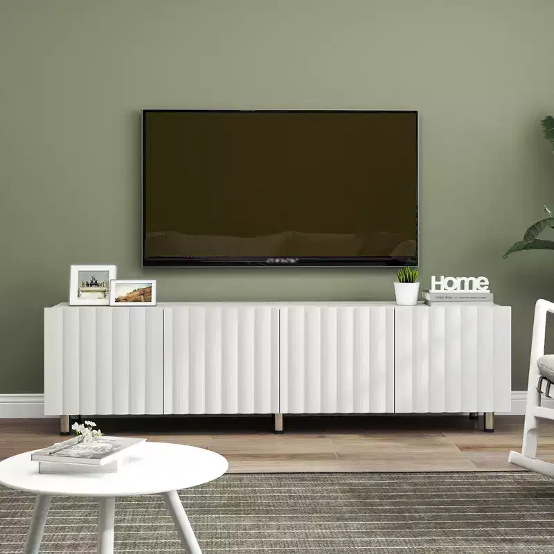 70-inch modern TV stand, suitable for 65-inch and larger televisions, featuring storage space and two drawers, ideal for living rooms, white