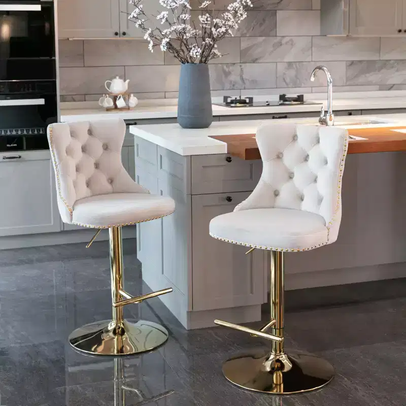 2-Piece 25-33 Inch Height-Adjustable Swivel Velvet Bar Stools Black Modern Upholstered Bar Stools with Gold Chair Legs