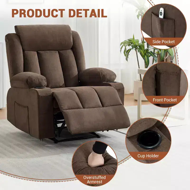 Massage Rocker Recliner Chair, Comfy Overstuffed Rocking Chair with Side Pockets, Front Pockets and Cup Holder, Easy Assembly