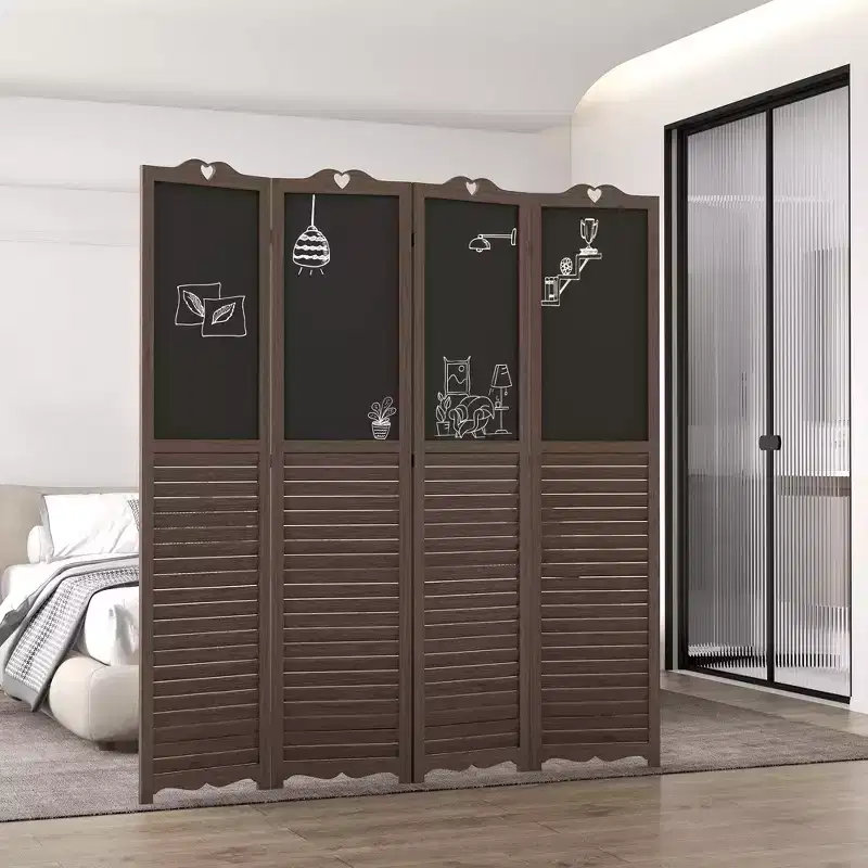 MAYEERTY 4 Panel Folding Room Divider with Blackboard Freestanding Privacy Screen Panels for Bedroom Office Walnut Brwon