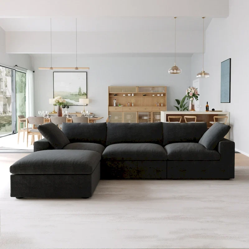 Black Down Filled Overstuffed Sectional Sofa with Ottoman