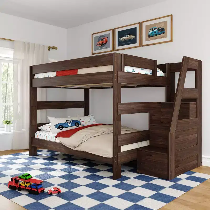 Modern Farmhouse Queen Over Queen Bunk Bed with Staircase Solid Pine