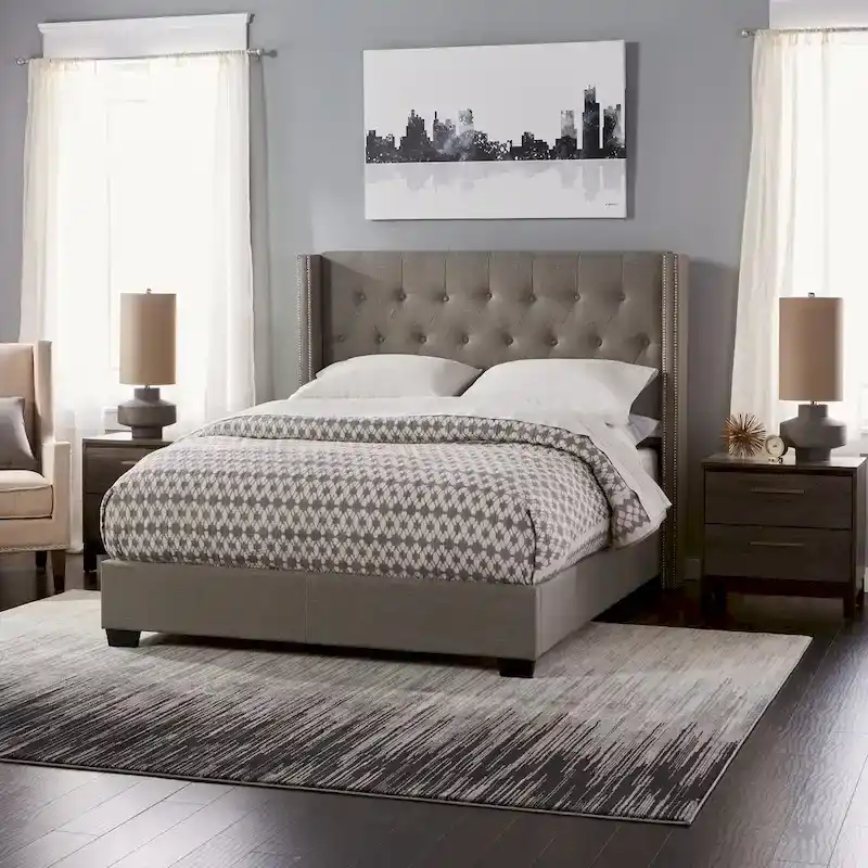 Grey Wingback Upholstered Bed with Button Tufting