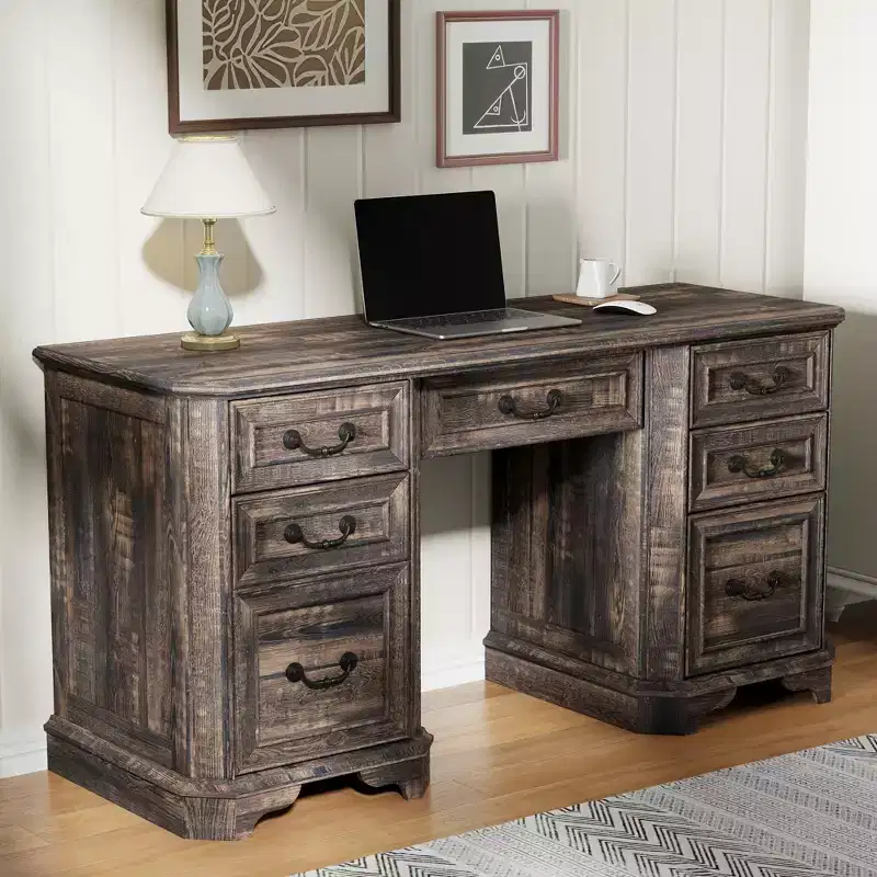 59 Executive Desk with Drawers, Office Desk with File Drawers, Computer Desk w/Charging Station & Keyboard Tray for Home Office