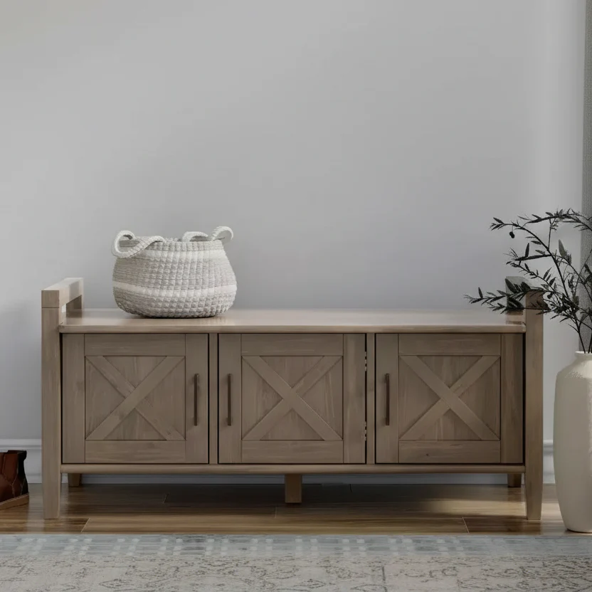 Solid Wood 44 inch Wide Transitional Entryway Storage Bench in Smoky Brown