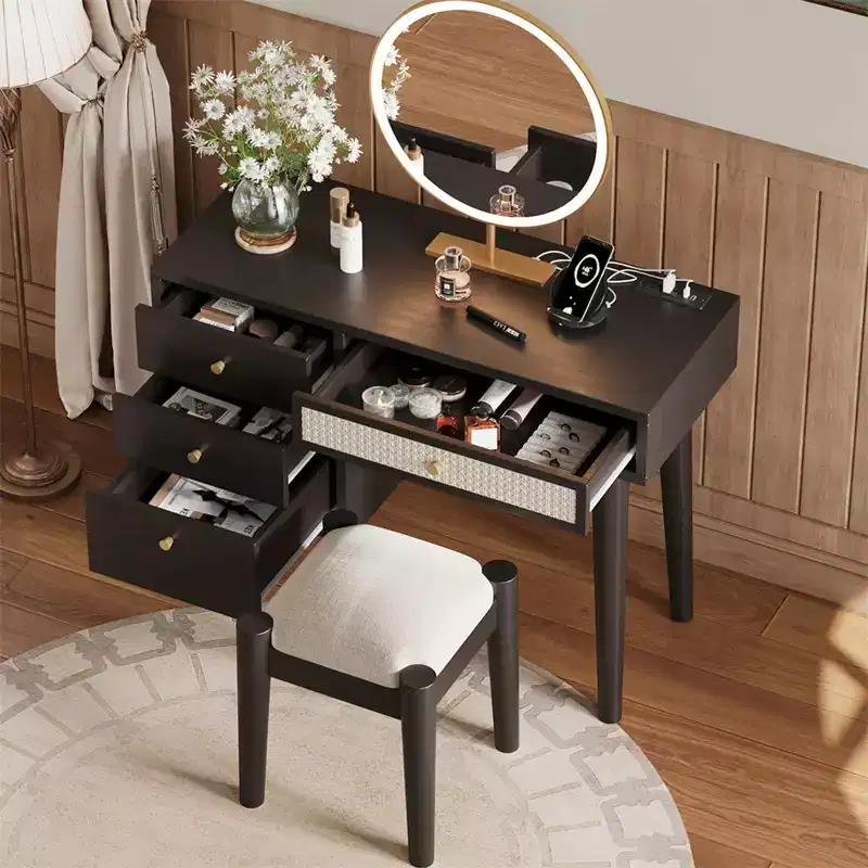 39 Wooden Makeup Vanity Set with Charging Plug &USB Port and Stool, Dressing Table with 3 Storage Drawers and 1 Rectangular Rattan Drawer