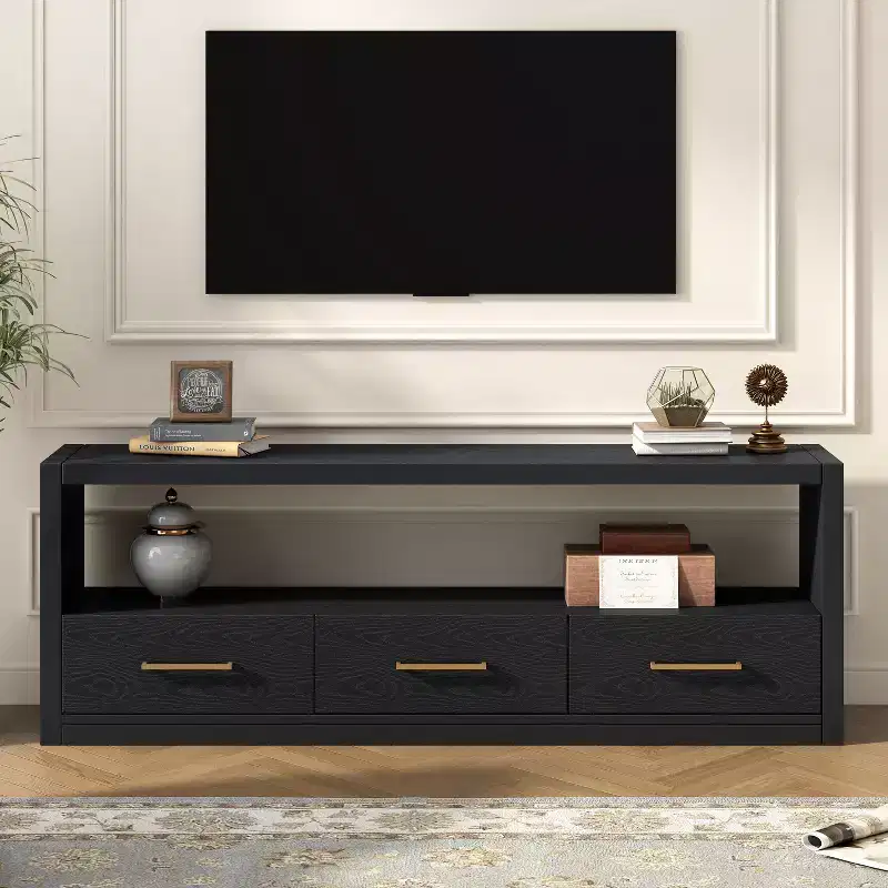 74W TV Stand TV Console Storage Cabinet Entertainment Center Sideboard with 3 Drawers and Open Shelf, Brown/Black/Gray- Christopher Knight Home