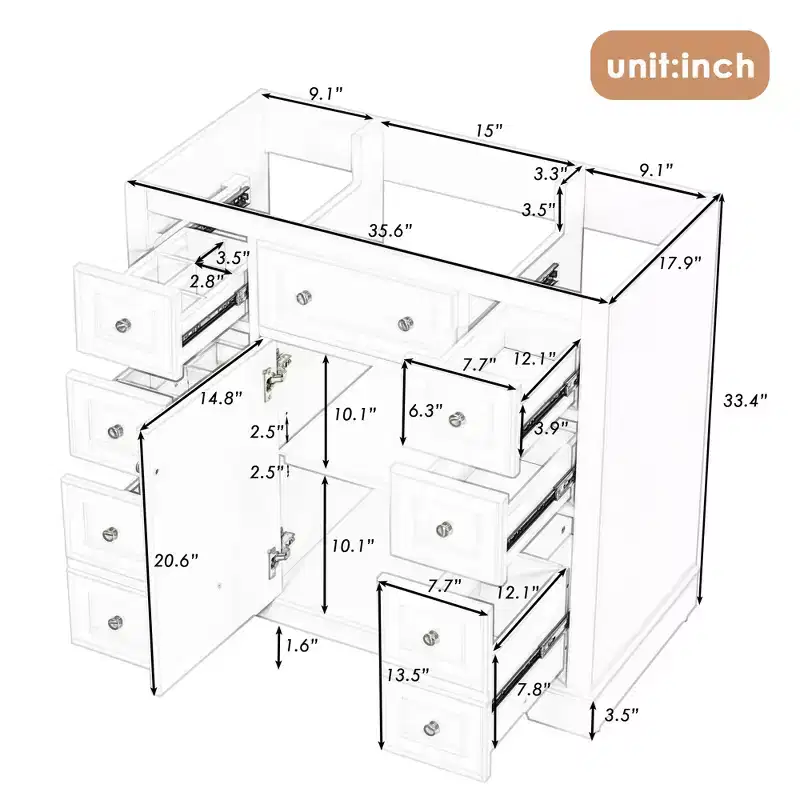 Bathroom Cabinet, 36 Inch Bathroom Vanity with 6 Drawers, Adjustable Shelf,Freestanding Bathroom Vanity Cabinet
