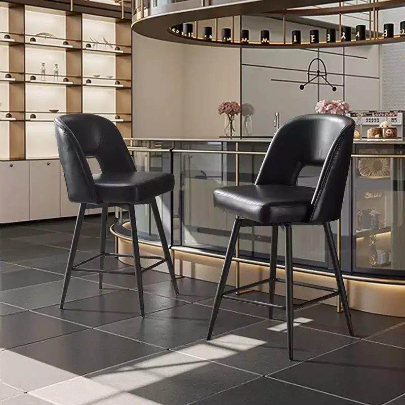 Set Of 2 Brown PU Leather Bar Stools With Hollow Backrest, Iron Legs, Swivel