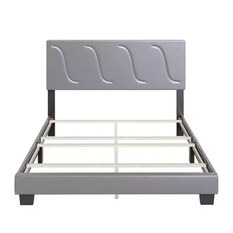 Boyd Sleep VMI0404GYEK Brussels Faux Leather Upholstered King Size Platform Bed Frame with Decorative Headboard and Wood Slat Supports