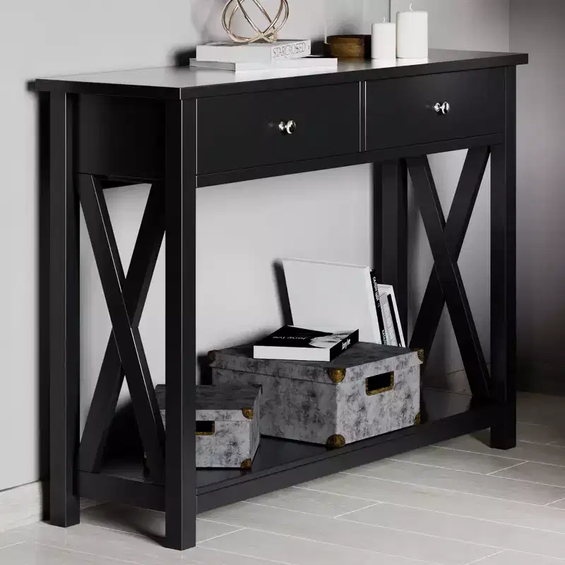Console Table with Two Drawers 2-Tier Entryway Table with Storage Shelf and Sturdy X-Braced Legs for Living Room or Hallway by (Black)