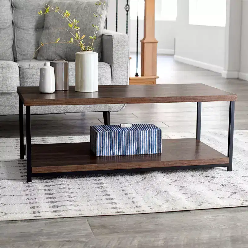 Jamestown Rectangular Coffee Table with Storage Shelf Mid Century Walnut Wood Grain and Black Metal