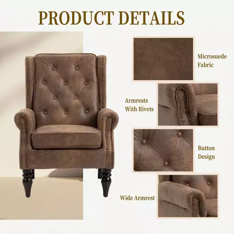Wood Frame Armchair, Sturdy Wood Legs, Living Room Bedroom, Black PU