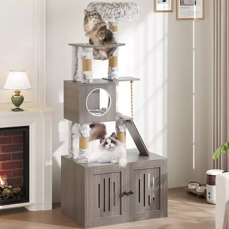 Litter Box Enclosure with Cat Tree, 2-in-1 Cat Tower, 66.9-Inch Tall Condo with Scratching Posts