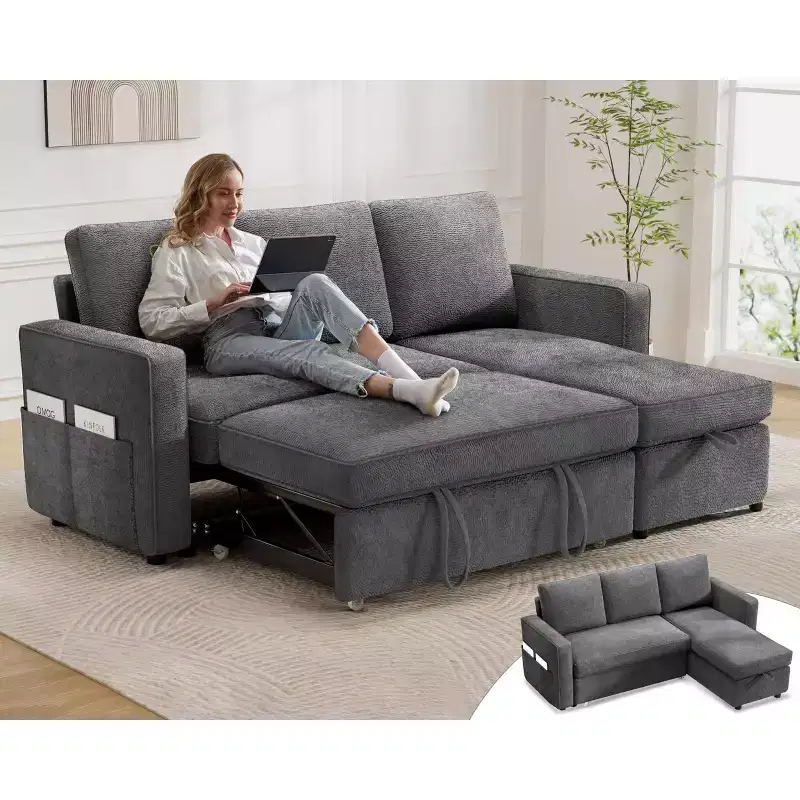 81 Sleeper Sofa Bed with Pull Out Bed, L Shaped Couch Sectional Sleeper Sofa, Pull Out Couch with Reversible Storage Chaise