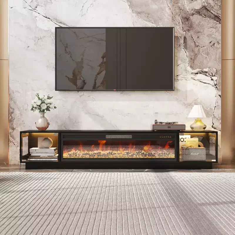 Black 2-in-1 Media Console+Electric Fireplace,78.7 TV Stand with Glass-Door Storage,12 Colors+5 Brightness ,Entertainment Center & Heating Hub