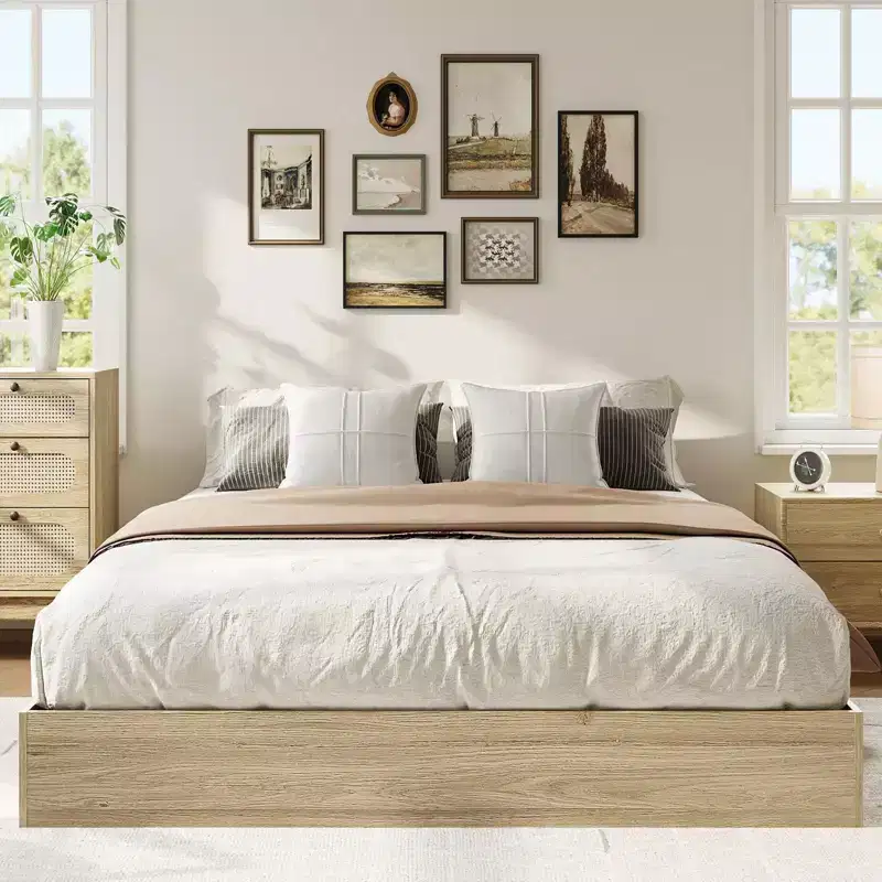 Wooden Bed Frame Without Headboard, Wood Slat Support,No Box Spring Needed, Easy Assembly