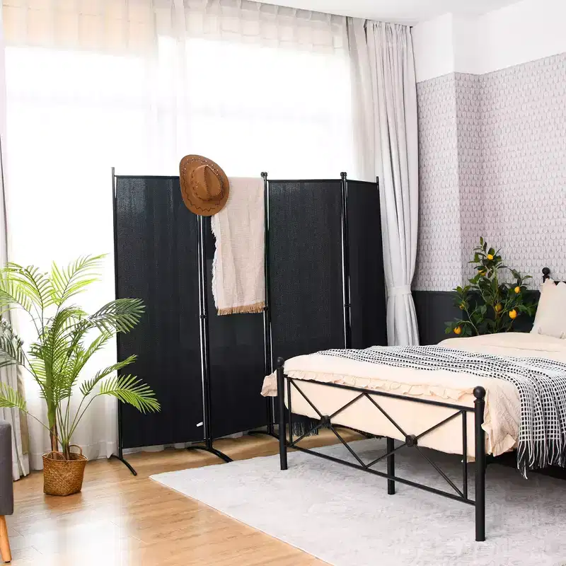 4-Panel 5.6ft Room Divider Folding Fabric Privacy Screen with Steel Frame White/Black/Brown