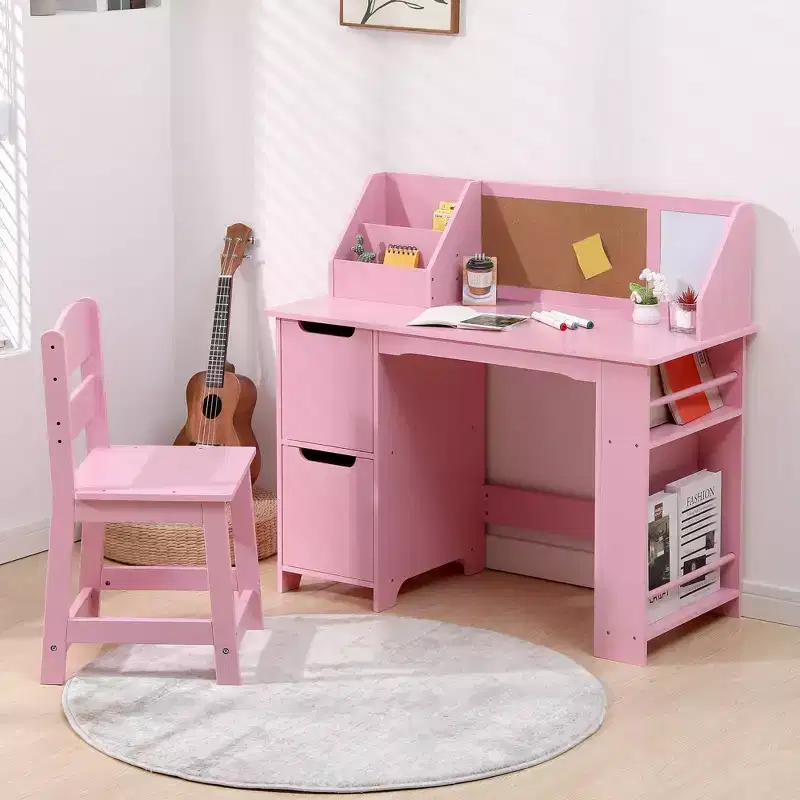 Kids Desk & Chair Set  Wooden Study Table with Storage Hutch & Bulletin Board for Home/School