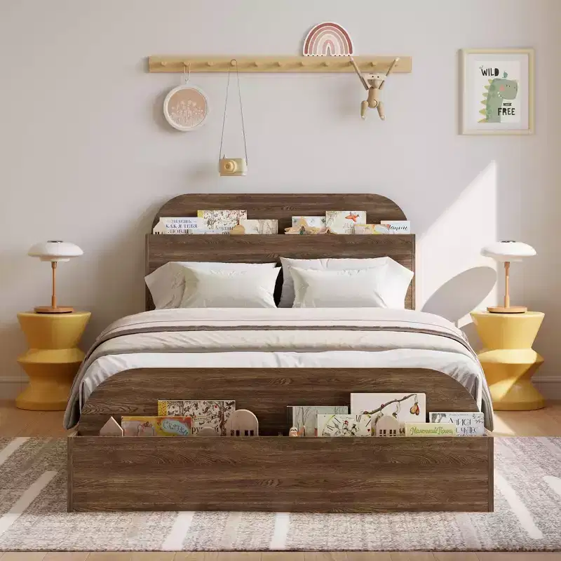 Queen Size Bed Frame, Wooden Beds with Storage Headboard and Raised-Foodboard, Twin-Floor Low Platform Bed for Bedroom,, No Box Spring Needed