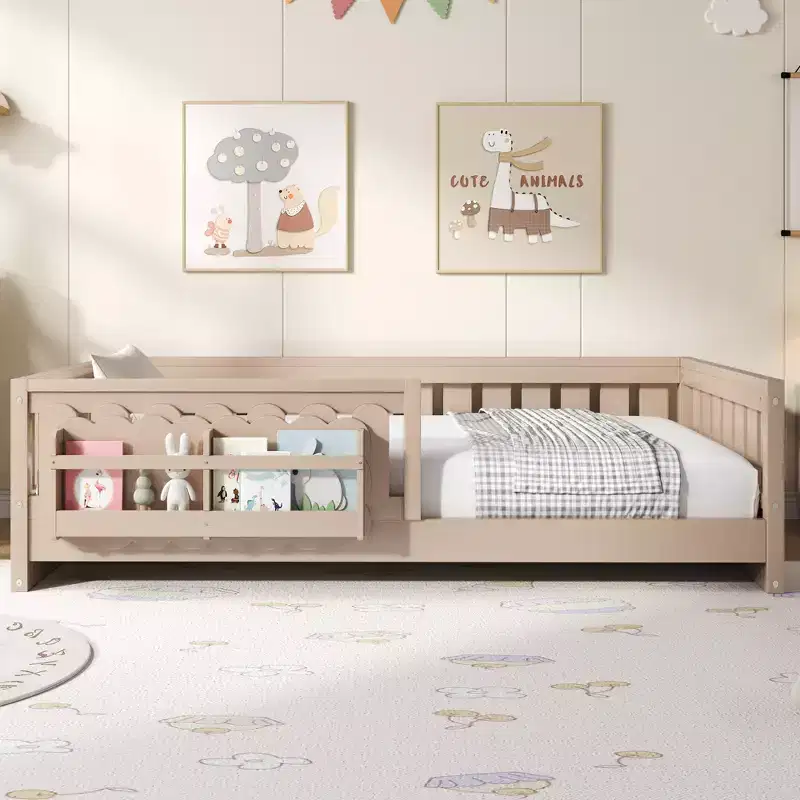 Twin and Full Size Kid Platform Bed Frame with Guardrail, Built-in Bookshelves and Storage Shelves