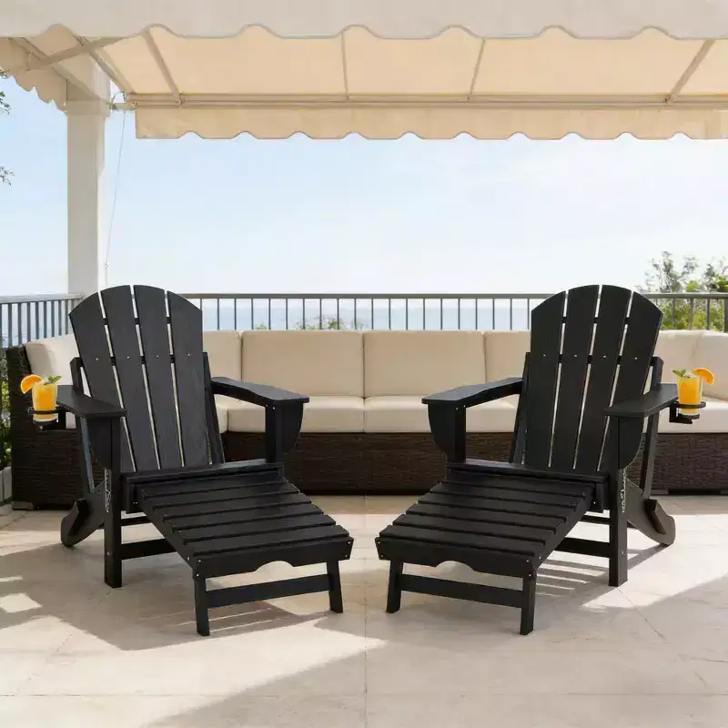 Set of 2 Folding Adirondack Fire Pit Chairs with Hidden Footrest, Oversized Comfort, Cup Holder, All-Weather HDPE Outdoor Patio Seating-Panipeachy