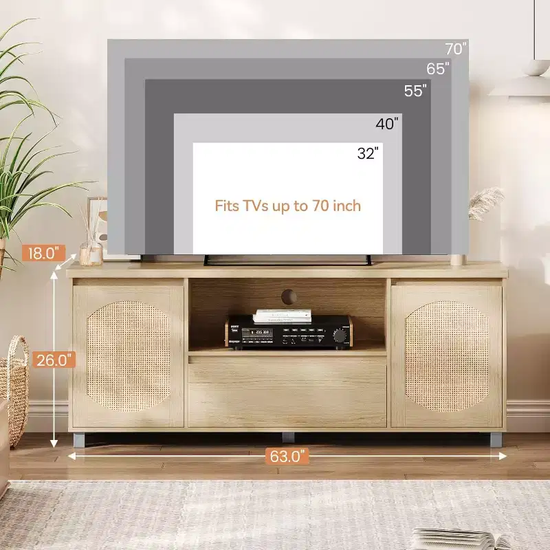 63in TV Stand for TVs Up to 70, Rattan Entertainment Center with Storage Drawer and Open Shelves, Modern TV Console Media Cabinet for Living Room