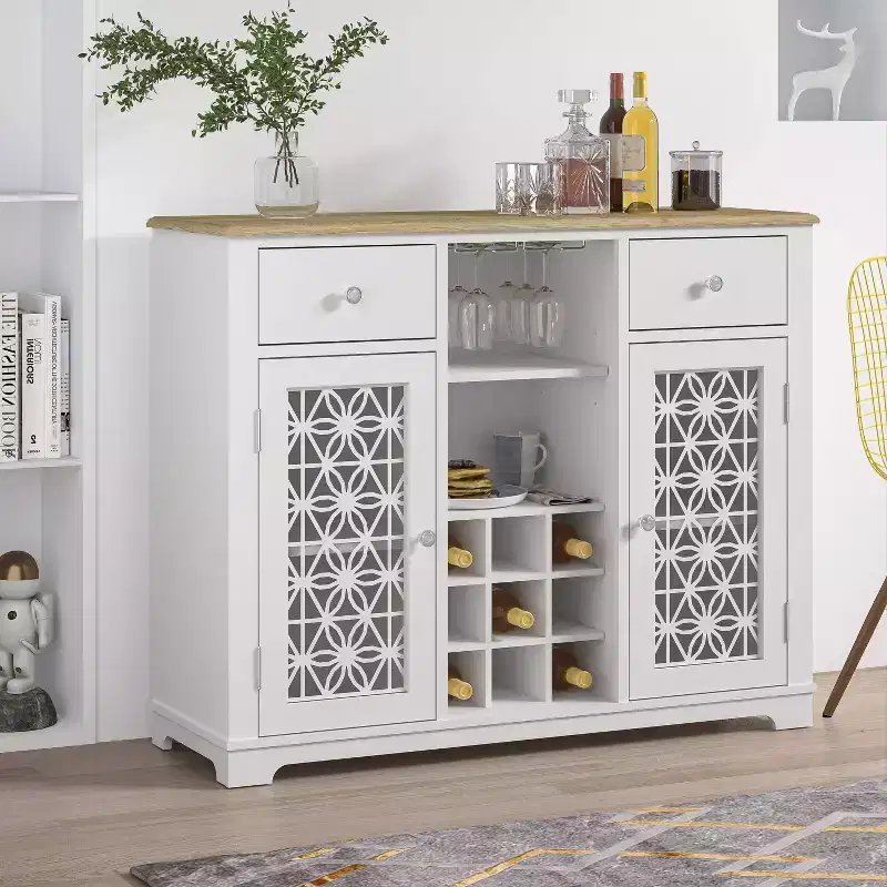 47" Wine Cabinet with Glass Doors Feature and Silk-Screened Pattern Design - Festivo