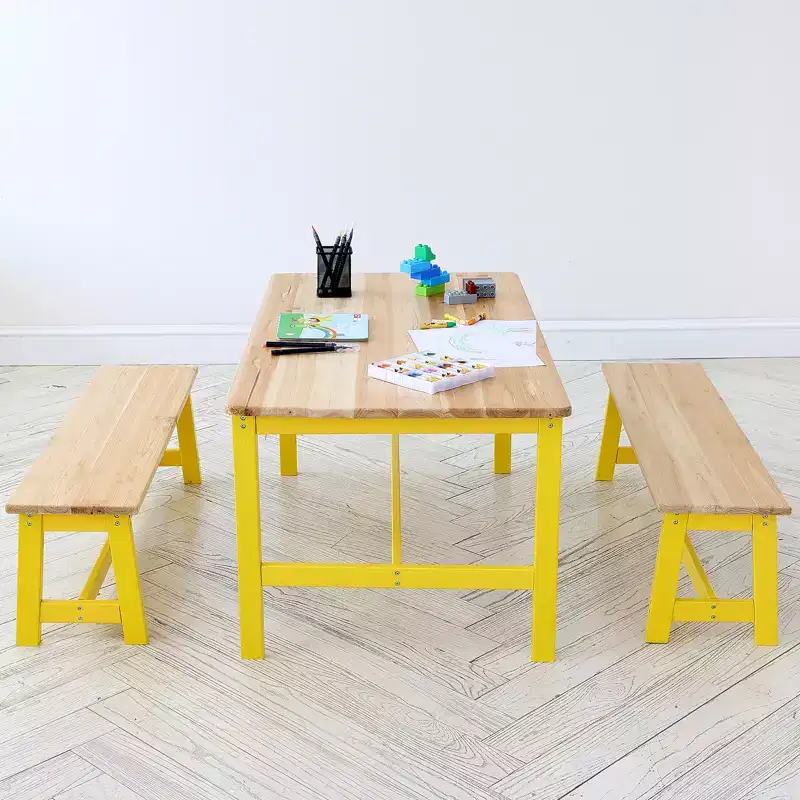 VEVOR Kids Table and Bench Set, Toddler Table and Chair Set of 3, Wood Activity Table for Art, Craft, Reading, Learning,Light Wood Color+Yellow