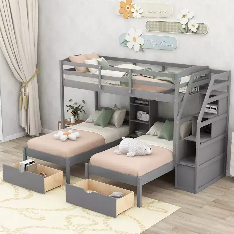 Triple Bunk Bed with Stairs and Storage Drawers, Twin over Twin & Twin Triple Bunk Beds with Shelves, Wooden 3 Bed Bunk Beds for Kids, Gray
