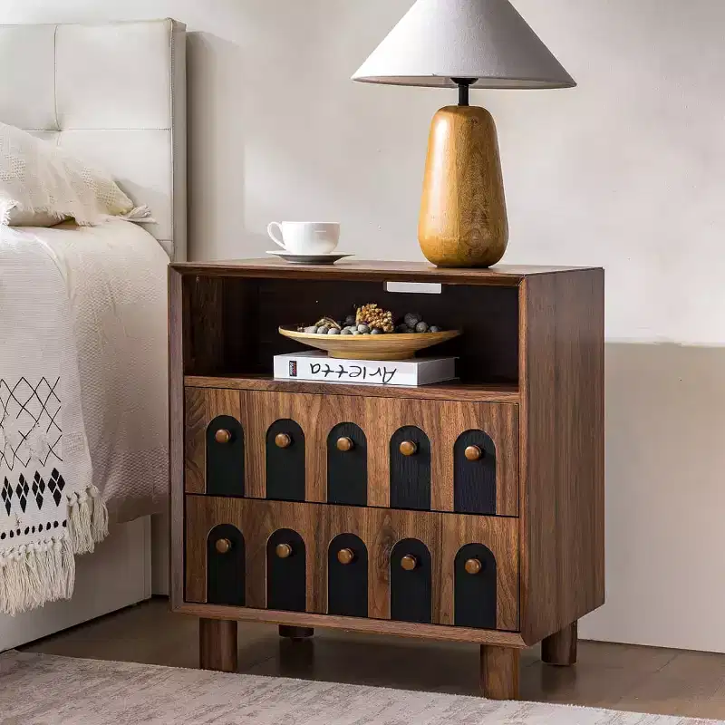 Mid-Century Nightstand with Charging Station & 2 Drawers