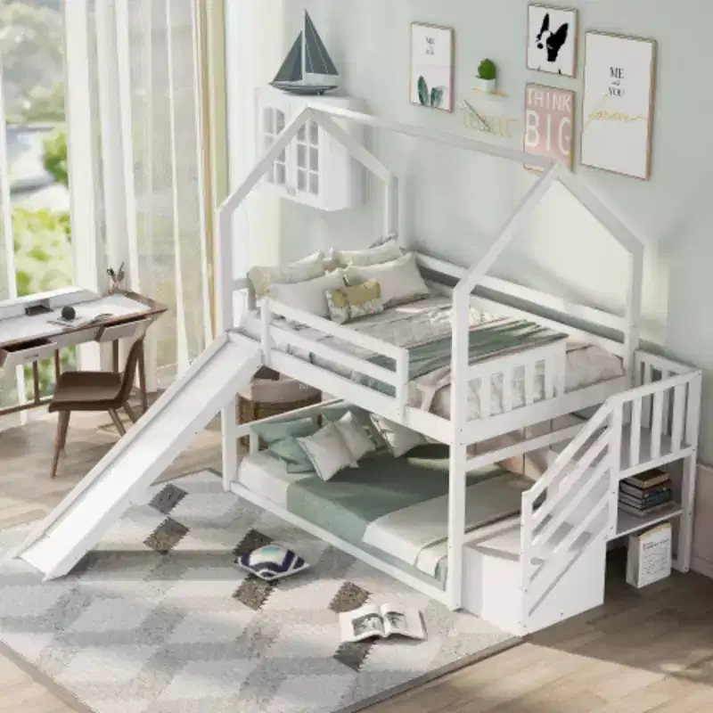 White Twin over Twin House Bunk Bed with Convertible Slide and Storage Staircase