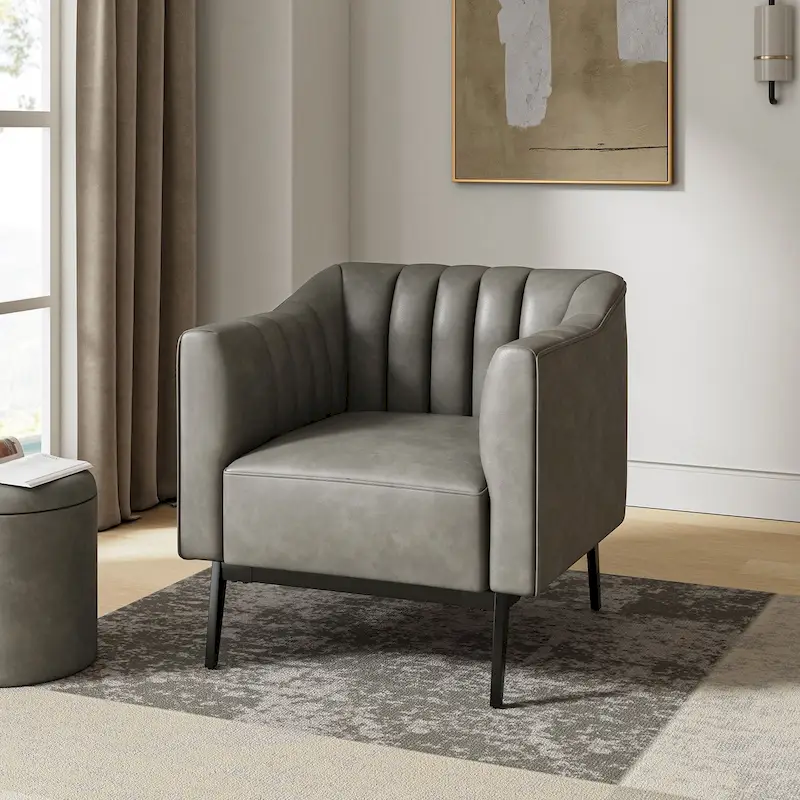 Alfons Industrial Leather Chair with Channel Tufting and Metal Leg by HULALA HOME