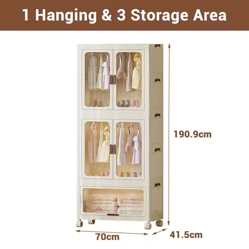 3 Tier Portable Kids Wardrobe Closet with Doors, Plastic Children's Clothing Storage Cabinet with Hanging Rod & 10 Hangers