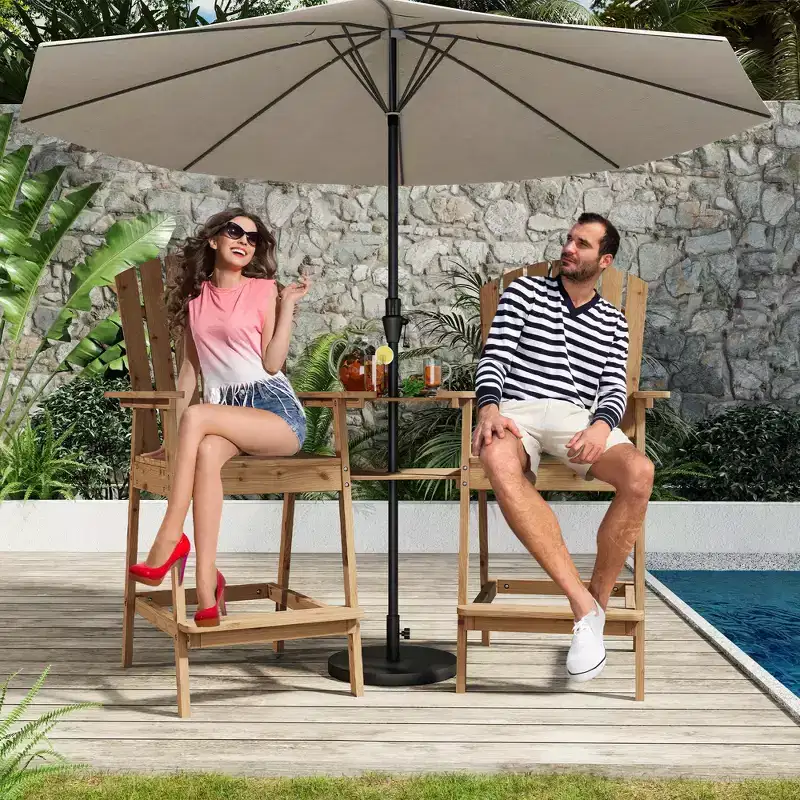 Tall Adirondack Chair Set of 2, Wood Bar Height Adirondack Chairs with Connecting Tray & Umbrella Hole, Double Balcony Chairs for Balcony, Deck