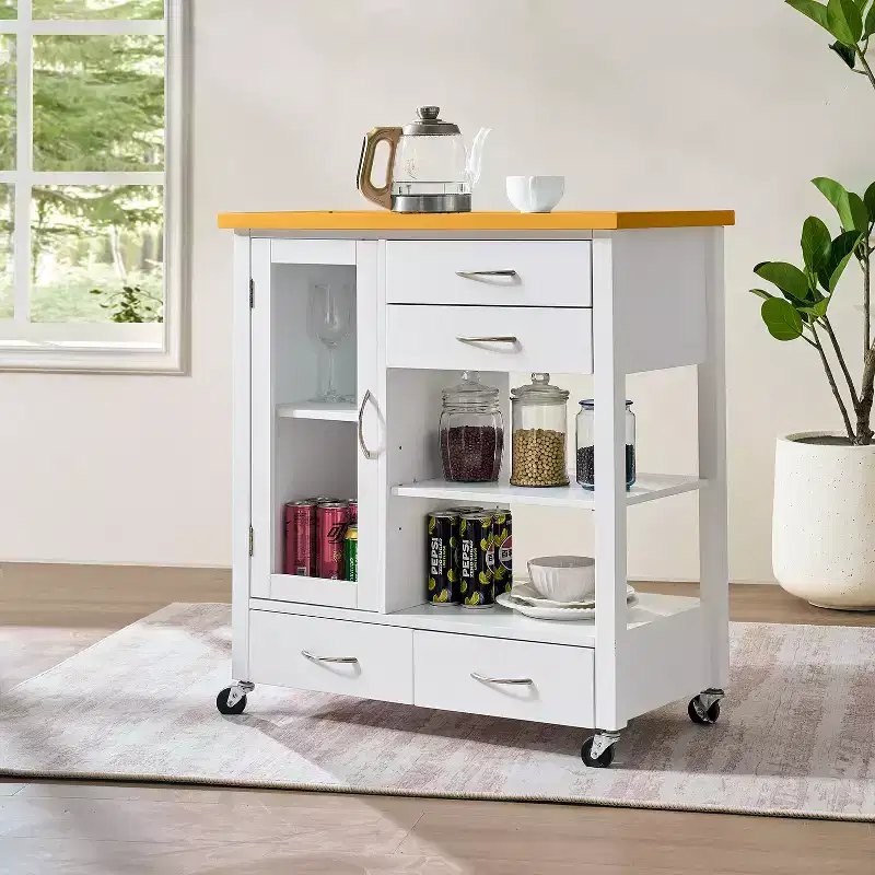 Kitchen Island Cart with Walnut Wood Top, Drawers, and Wheels for Flexible Storage