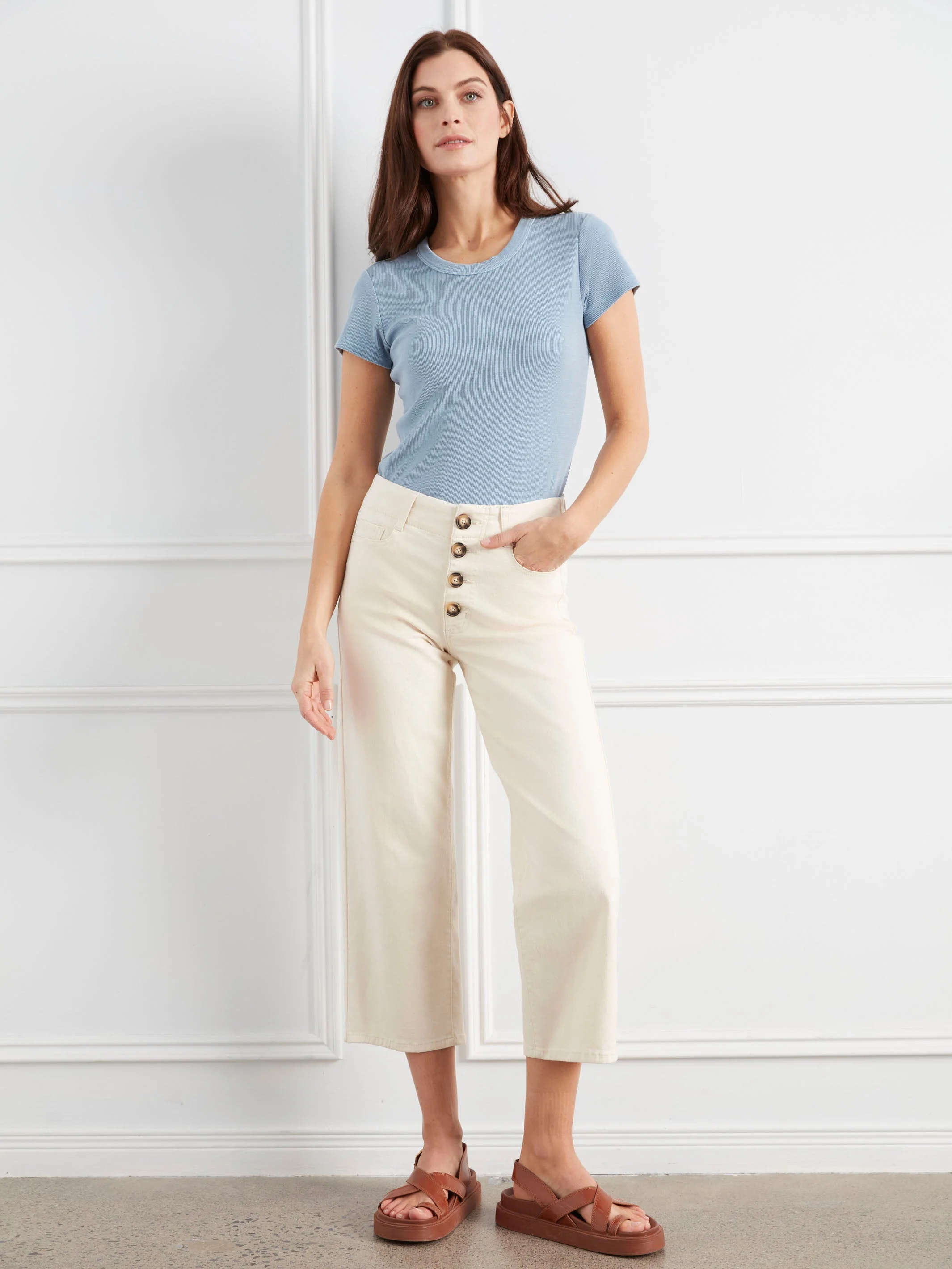 Front Button-Fly Crop Pants - Natural