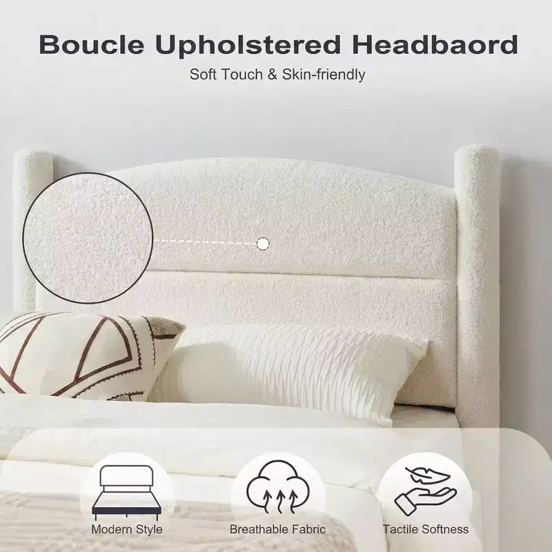 King Size Bed Frame, Boucle Bed Frame with Headboard, Soft Upholstered Platform Bed Frame with Rounded Corners, No Box Spring Required, Easy Assembly
