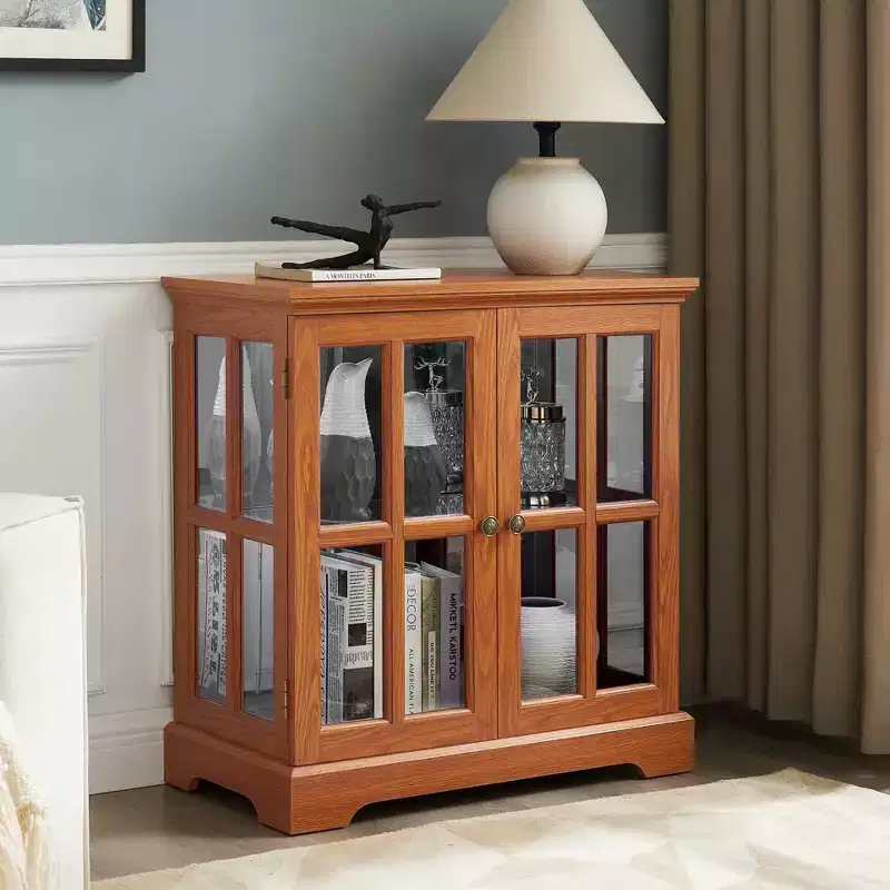 LED Antique Display Cabinet with Lattice Doors, Adjustable Shelves, and Bluetooth Control for Retro Design