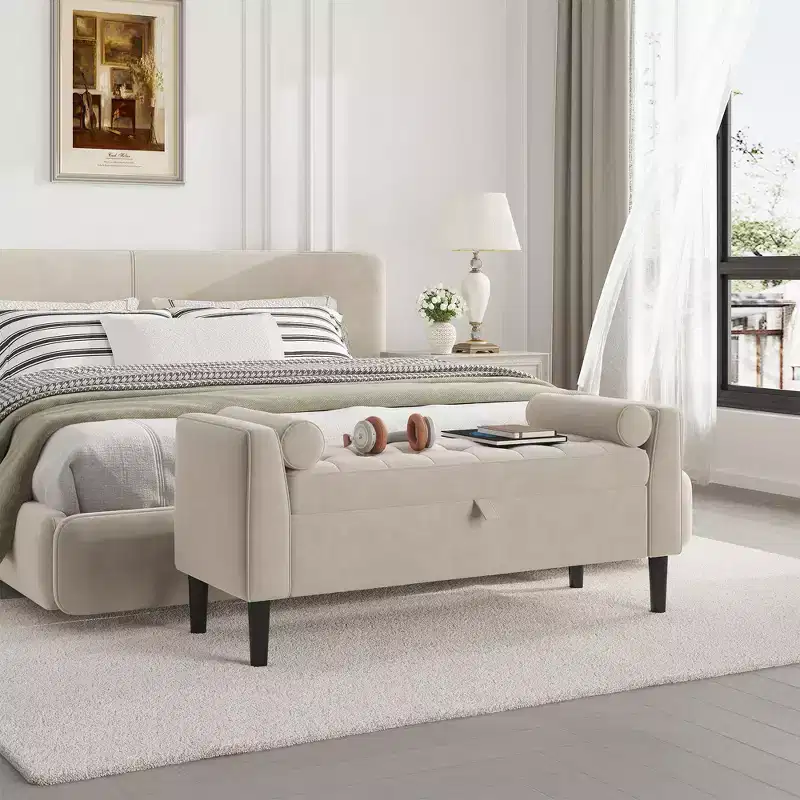 46.5 Button-Tufted Storage Ottoman Bench w/ Rolled Arms & Vintage Rivets, Upholstered End of Bed Bench & Shoe Storage for Bedroom & Entryway