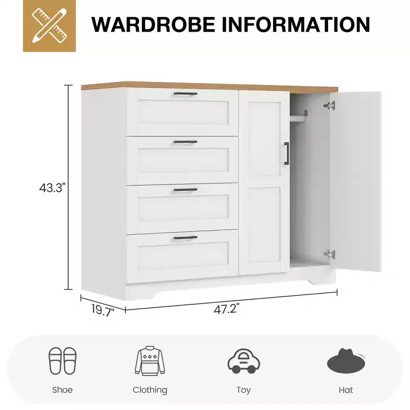 43.3'' Multifunctional Wooden Dresser, Low Storage Cabinet for Bedroom, 2 Door Wardrobe Armoire Closet with 4 Drawers and Hanging Rod