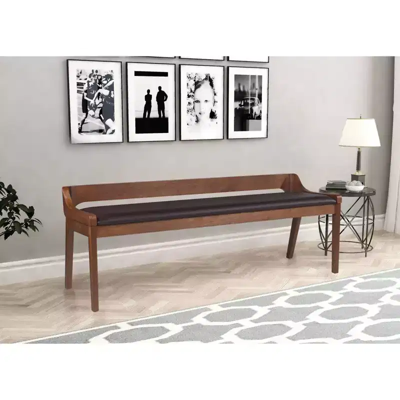 60 Inch Chestnut Dining Bench - Acacia Wood, Faux Leather Seat, Seats Two
