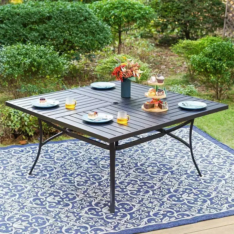 Captiva Designs 9pc Spacious Slat Top Square Metal Table with Umbrella Hole & 8 Reclining Foldable Chairs Outdoor Patio Dining Set