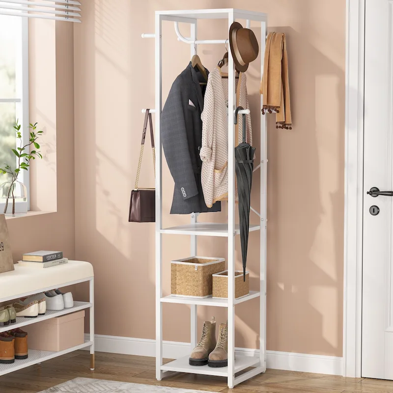 Freestanding Coat Rack with Shelves, 4 Shelves and 8 Hooks